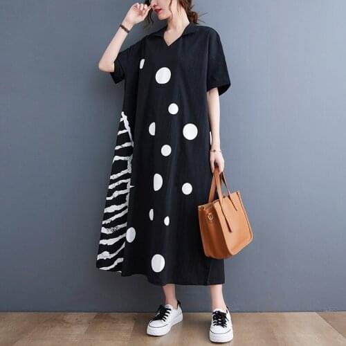 Japan Style Dark Black Street Fashion Girl Chic Summer Dress Print Dot Loose Women Casual Dress Holiday Travel Beach Style Dress