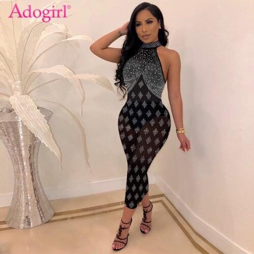 Adogirl Women Sexy Diamonds Halter Bodycon Club Dress Sleeveless Sheer Mesh Midi Party Dresses 2020 New Fashion Women Clothes