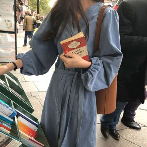 Hstar 2021 New V-neck Women Autumn Corduroy Korean Blue Single-breasted Loose Overised Female Dress robe longue femme harajuku