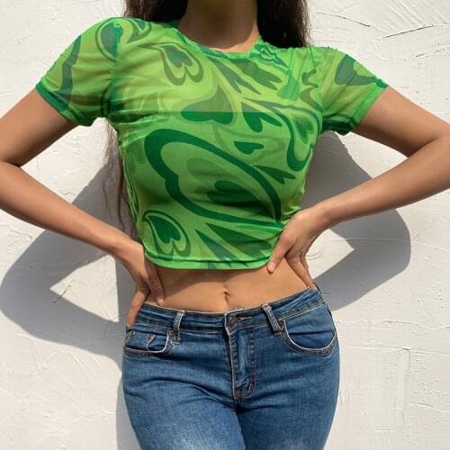 2020 Women Sexy Harajuku Mesh Tops Long Sleeve See Through T Shirt Transparent Sun Moon Star Print T-shirt Femininas Clubwear