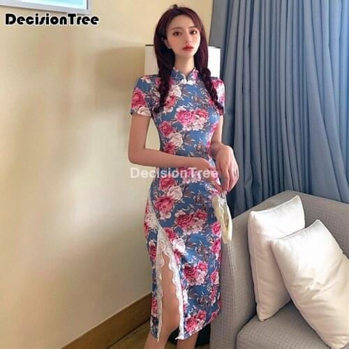 2021 silk traditional chinese dress women chinese dress vestidos vintage qipao sexy cheongsam flower print oriental dress