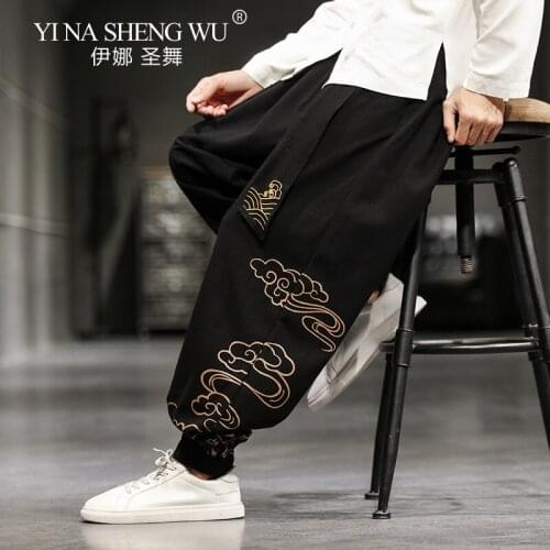 Chinese Style Retro Auspicious Clouds Print Pants Men Clothing Kimono Men Clothes Loose Casual Pants Plus Size Harem Pants