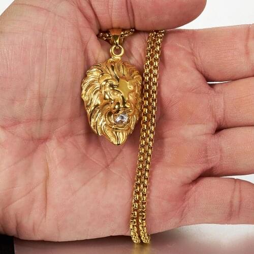 Fashion Jewelry 316L Stainless Steel Gold Lion Head Biker Pendant Charms With White Crystals Stone Free 60cm Box Chain