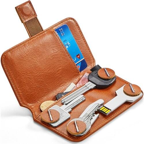 Leather key card case compact simple key case key card case factory outlet purse keychain ganchos para carteras