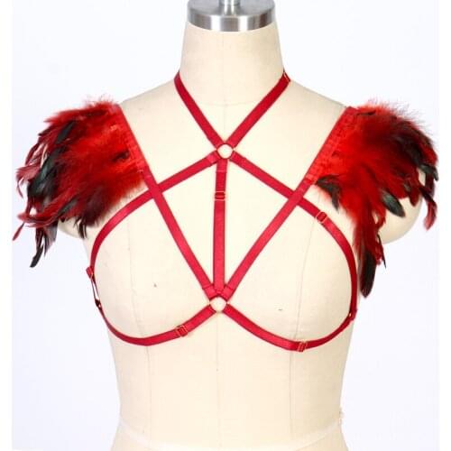Red Feather Wings Body Harness Belt BDSM Bondage Body Harness Epaulettes Cape bra Elastic adjust Lingerie Goth Fetish dance wear