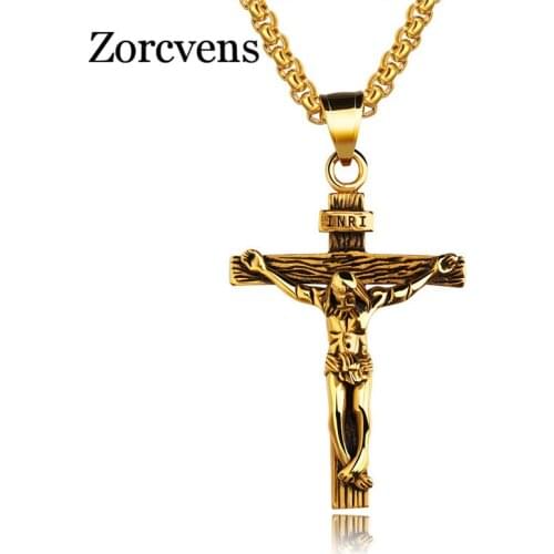 Modyle Cross INRI Crucifix Jesus Piece Pendant & Necklace Gold Color Stainless Steel Men Chain Christian Jewelry Gifts Vintage
