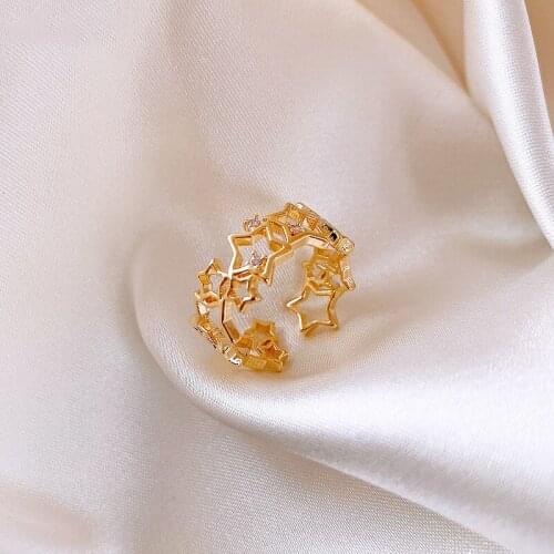 LOVOACC Minimalist Twisted Open Adjustable Rhinestone Mermaid Ring for Women Gold Metal Lock Star Charm Ring Statement Jewelry