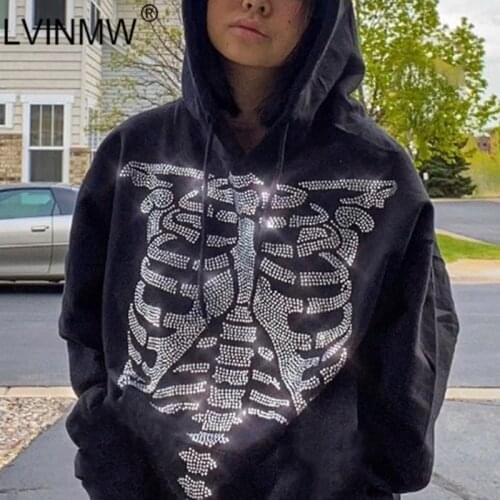 LVINMW Hoodies Bone Diamonds Gothic Casual Loose Pullovers Drawstring Goth Autumn Hooded Long Sleeve Top Chic Hip Hop Streetwear