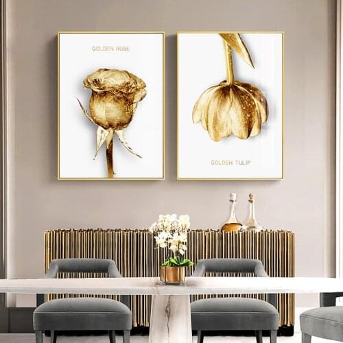 Golden Flower Bridge Wall Art Canvas Painting Rose Tulip Posters and Prints Wall Pictures for Living Room Modern Home Decor