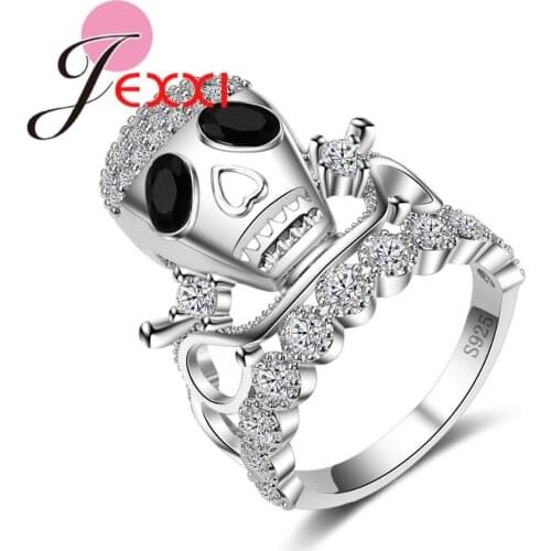 Vintage Punk Black Eyes White Color Skull with Micro Cubic Zircon Rings 925 sterling-silver-jewelry for Women Girls Gift