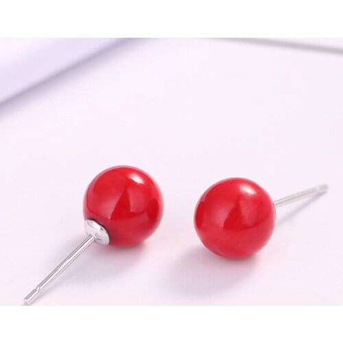 Buyee Luxury Stud Earring Women 6mm Red Bead Real 925 Sterling Silver Simple Earring for Women Young Girl Rock Punk Jewelry