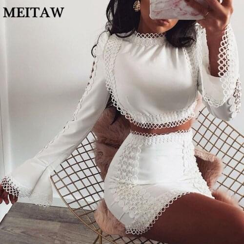 2019 Autumn Lace White Bodycon Mini Skirt Women Two Piece Suit Casual Flare Sleeve Hollow Out Tops Sexy Party Club 2 Piece Sets