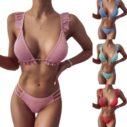 Womens Bikini Swimsuit Two Piece Fashion Sexy Solid Color Ruffled Split Bathing Suit with Chest Pad