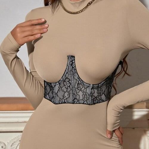 Women Sexy Breasted Corset Fashion Solid Color Lace Stitching Fish Bone Slim Fit Girdle Black