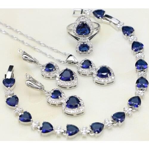 Heart Shape Stone Silver 925 Jewelry Sets For Women Blue Cubic Zirconia White Crystal Necklace/Earrings/Pendant/Ring/Bracelet