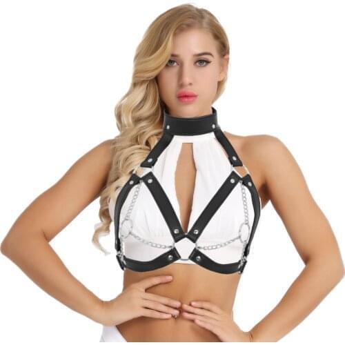 Womens Lingerie Leather Body Chest Harness Cage Bralette Strap Buckles O-Rings Metal Chain Tassel Chest Belt Steampunk Goth Belt