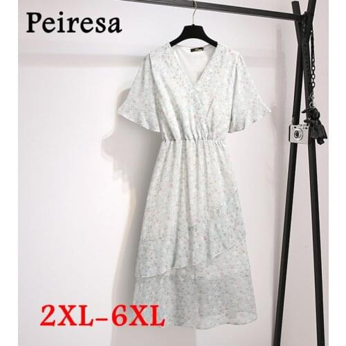 PEIRESA Women Clothing Dress Plus Size 6XL Floral Print Irregular Chiffon Vestiods Mujer Female V-neck Cake Elegant Dress