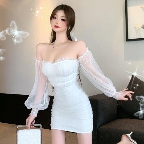 Slash Neck White Dress Bodycon Sexy Club Off Shoulder Dresses for Women Party Fashion Brand Puff Sleeve Perspective Ladies New