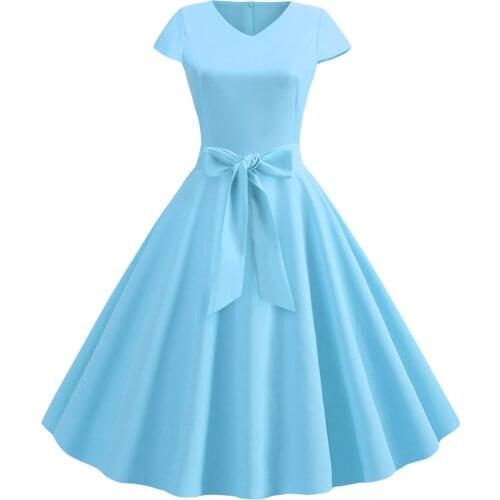 V-neck Soild Zipper Women 1950s Retro Evening Party Tea Swing Dress With Belt