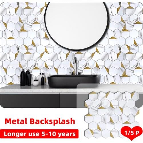 1/5pcs Marble Hexagon Wall Sticker Waterproof Anti-Collision Metal Wallpaper Self-Adhesive Tile Backsplash for Bathroom Bedroom