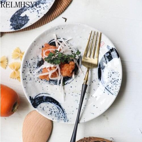 1PC RELMHSYU Japanese Style Ceramic Round Hand-painted Household Hotel Shallow Dish Flat Western Food Dinner Plate Tableware