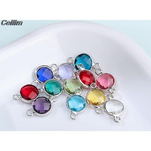 10 Pcs 8mm Silver Color Round Alloy Crystal Birthstones Connectors Bracelet Charm For DIY Jewelry Making Necklace Wholesale