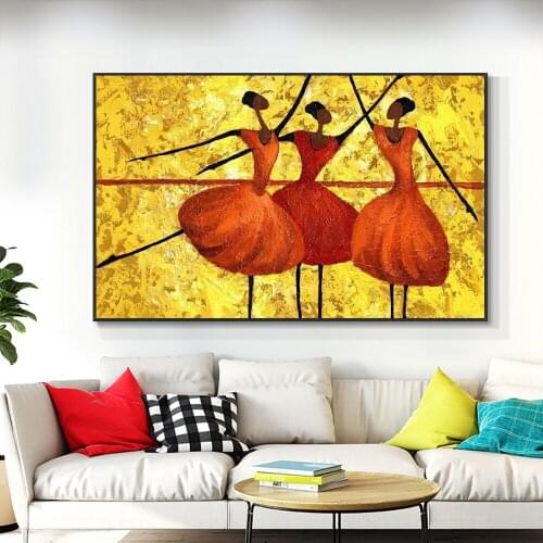 100% Hand Painted Dancing Girl With Orange Skirt Gold Background Oil Painting Handmade Canvas Painting Wall Art For Home Decor