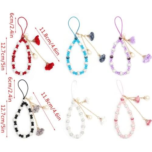 6pcs Cute Tassel Cell Phone Lanyard Anti-Lost Colorful Flower Pendant Mobile Phone Strap Wrist Straps Hanging Cord Beads Chain