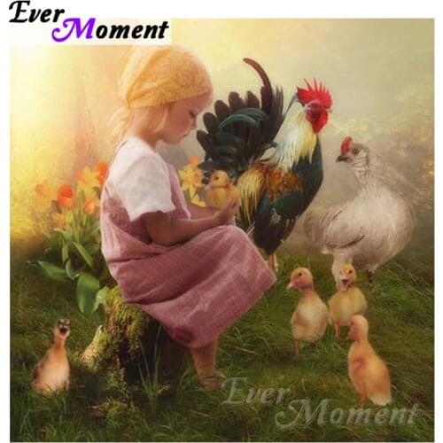 Ever Moment 5D DIY Diamond Painting Cross Stitch Girl Chickens Ducks Mosaic Full Square Drills Artwork Rhinestone ASF1199