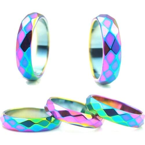 Free Shipping Fashion Party Jewelry 5A Quality 6mm Wide Cut Hematite Ring Rainbow Ring (1 Piece)