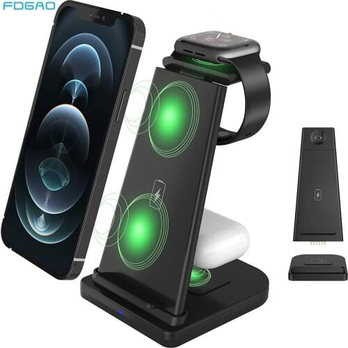 FDGAO 15W Fast 3 in 1 QI Wireless Charger Stand For Apple Watch 6 SE 5 4 3 iPhone 12 11 XS XR Airpods Pro Charging Dock Station