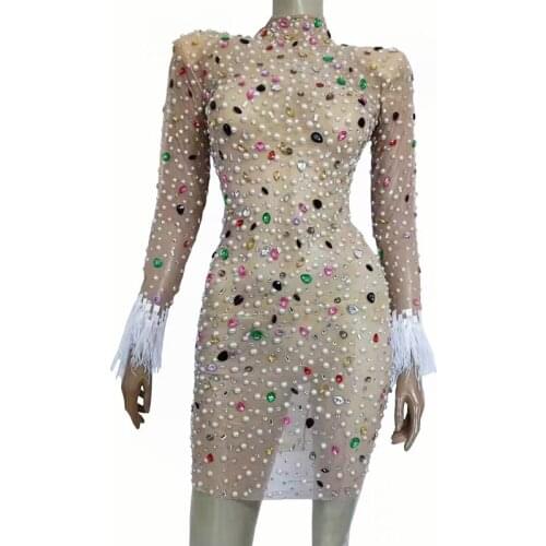 Sparkly Print Francy Diamond Pearl Feather Dress See-through Mesh Short Dress Fringed Sleeve Rave Outfit Stage Dresses XS2207