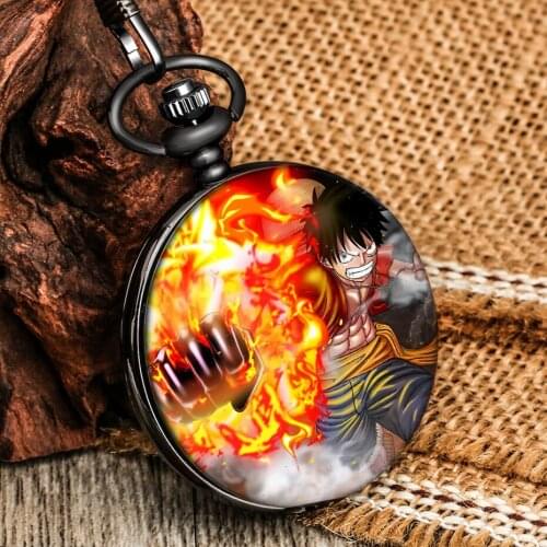 Unique Luffy One Piece Cartoon Quartz Pocket Watch Chain Anime Cartoon Fire Fans Analog Pocket Clock Watches for Men Women Kids