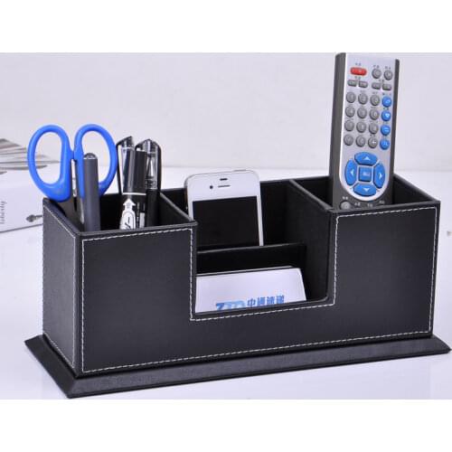 Wooden struction PU leather surface desk multi-function stationery organize with dovble pens pencls holder box case black 202A