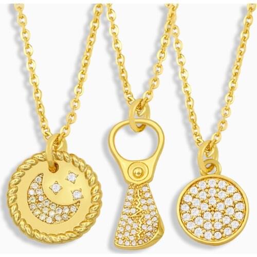 FLOLA White Stone Moon And Star Necklace For Women CZ Pave Rhinestone Round Pendant Necklace Gold Plated Jewelry Gifts nkeu61
