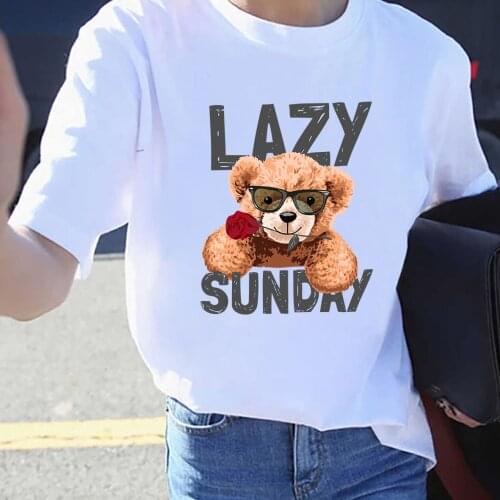 BLINGPAW Graphic T Shirts Teddy Bear Rose Lazy Sunday Letter Print T-shirt Pure Cotton Unisex Tees Summer Tee Shirts 19 Colors
