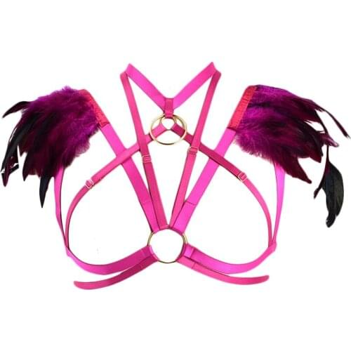 JLX.HARNESS Feather Harness Body Cage Bra Rave Sexy Body Harness Belt Goth Hollow Bandage Lingerie Feather Burning Bra