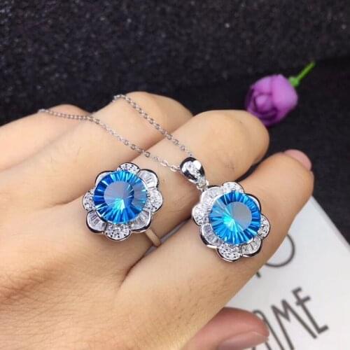 Natural blue topaz Ring Pendant Natural Gemstone Jewelry Set S925 Silver Luxurious elegant Sun flower girl party gift jewelry