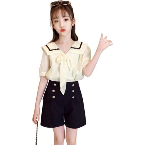 Girls' summer suit, new childrens western style, loose thin section, big childrens summer short-sleeved two-piece suit