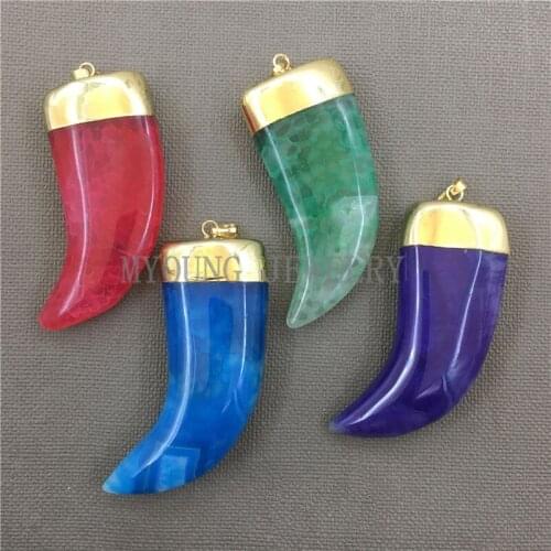 MY0221 Flat Horn Agates Point Pendant Charms With Pure Gold or Silver Color Cap and Bail,Natural Colors Stone Necklace Pendant