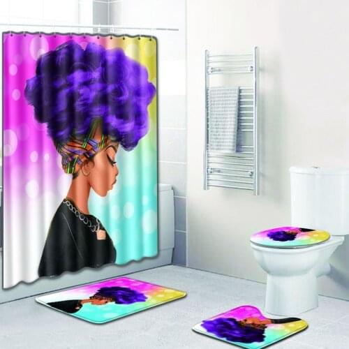 African women digital print creative bath curtain mat mat mat bathroom rug toilet floor mat, toilet cover, four-piece set
