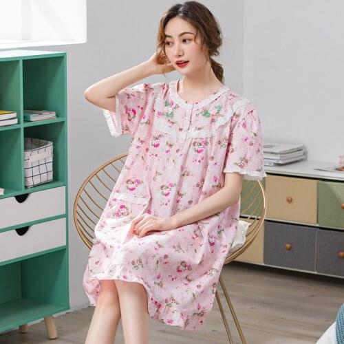 Relaxed Womens Sleeping Dress Pink Nightgown Short Sleeve Summer Nightdress Elegant Vintage Nightgowns Home Dress For Sleeping