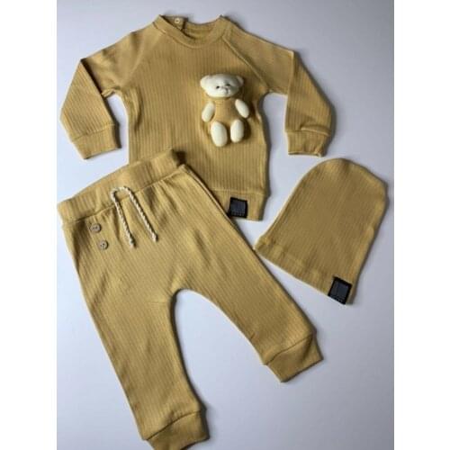 New American Style Four Seasons Clothing Baby Girl Clothes Sets For Kids Cotton 3pcs Mustard Color Teddy Bear Pajama Set