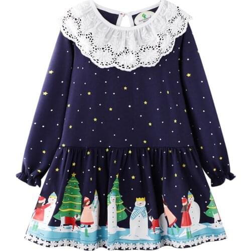Autumn Winter Girls Long-sleeved Cotton Christmas Snowman Girl Western Princess Style Childrens Dress