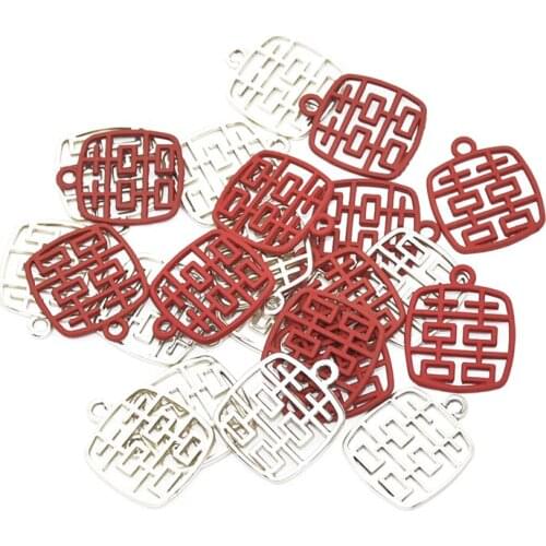 10pcs Gold Color&Rubber Lacquer Double Happiness Charms Alloy Metal Chinese Words Pendants For DIY Jewelry Accessories Making