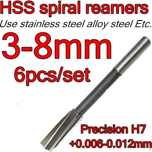 3mm 4mm 5mm 6mm 7 mm 8mm 6pcs/set HSS spiral reamers drill spiral reamer Precision H7 +0.006 - +0.012mm Free shipping