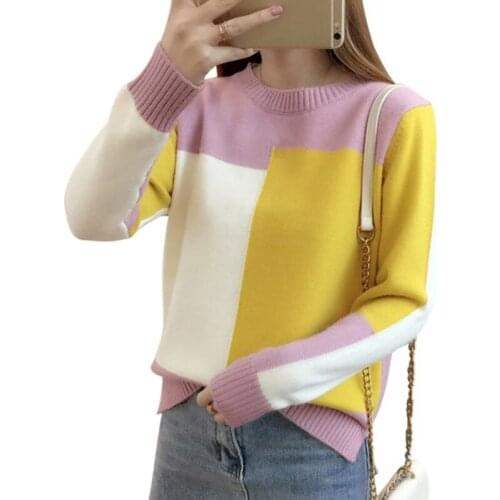 New Autumn Winter Korean style Contrast Color Sweater Women Long Sleeve Jumper Sweater And Pullover Knitted Sweater 2019 Tops
