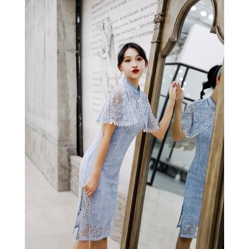 Cheongsam 2020 New Lace Mid Long Fashion Stand Collar Cheongsam Two Piece Shawl Cheongsam Improved Cheongsam