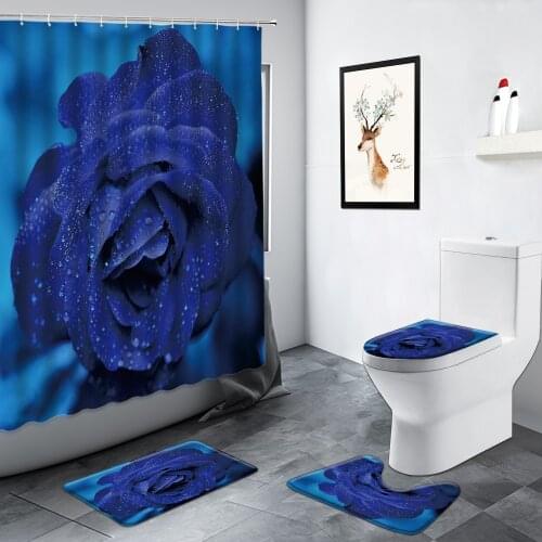 Blue Rose Flower Shower Curtain Yellow Pink Floral Plant Rural Scenery Bathroom Decor Carpet Non-slip Mats Bath Mat Toilet Cover