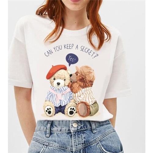 100% Cotton Womens T-shirt Cartoon Cute Bear Pattern Series---Show Love Couple Bears Fashionable And Comfortable Casual Shirt